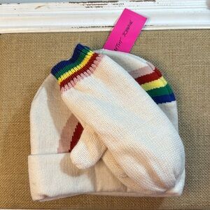 Betsey Johnson Hat & Glove White w/ Multicolor Rainbow Stripes‎ Knit Beanie NWT